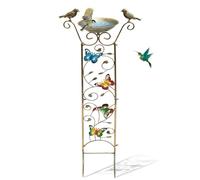 Vasca per uccelli con graticcio all'aperto, antico traliccio per piante da giardino in ferro con farfalle decorative staccabile, ciotola per uccelli in metallo in vaso, supporto per fiori rampicanti