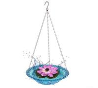 Vasca solare per uccelli da appendere con fontana di loto, decorazione da giardino in metallo e plastica ad energia solare per attirare la fauna selvatica, fontana per esterni blu/rosa, 23,5 x 45 cm