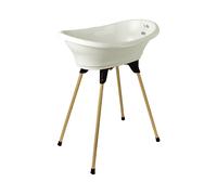 THERMOBABY - Confezione Vasco Vasco 5 in 1 - Vasca, Piede in legno, Tubo di scarico, Lettino da bagno, Termometro - Bianco Mughetto - Pieghevole e stabile - Made in France