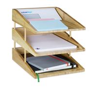 Relaxdays Vaschetta Portadocumenti Bambù, 3 Ripiani, Impilabili, A4 per Ufficio & Scrivania, Portalettere, Legno