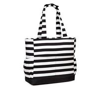 VASCHY Borsa Mare Donna,Borsa Spiaggia Tela Grande Famiglia Impermeabile con Cerniera Beach Bag Pieghevole con Tasche Multifunzione Striscia Nera