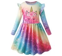 VASCHY Vestito Bambina,Vestiti Bambina Vestito Ragazza Manica Corta/Lunga Abito Stampa Abiti Cotone Cartoon Animale Moda Vestiti Primavera Estivo Festa Compleanno per Regazze Bambini 3-9 Anni