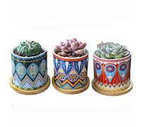 Vasi per piante succulente, vaso con vassoio in bambù Vasi per piante piccole Vasi per cactus mini fiori con piattino Vasi da giardino, Confezione da 3 (Mandala)