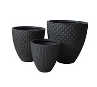 Vasi tondi bassi da esterno giardino in fibra di argilla decorata nero opaco set 3 pezzi Miltonia