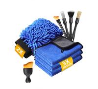 Vasip Kit Pulizia Auto 10 Pezzi con 3 Panni Microfibra 600 GSM, 2 Guanti Ciniglia, 5 Pennelli Detailing, Set Lavaggio per Interni, Esterni, Cruscotto, Bocchette Aria