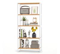 VASMIA Scaffale Legno,Mensole Bagno con 5 Ripiani in Bambù per Bagno, Cucina, Camera da Letto,Porta scarpe salvaspazio,26 x 60 x 130 cm,Bianco e Naturale