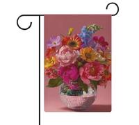 Vaso a sfera da discoteca con fiori vivaci, bandiera da giardino, festività stagionali, juta, doppia faccia, bandierine per esterni, 30,5 x 45,7 cm