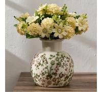 Vaso antico verde e beige, 14 cm, design floreale in cineserie, vaso in ceramica rustica per decorazione domestica, soggiorno, libreria, ufficio, ingresso, decorazione millenaria, decorazione