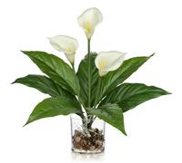 Vaso artificiale Calla in vetro con ciottoli e acqua artificiale - 39 cm di altezza - pianta decorativa per soggiorno, ufficio, bagno - fiore artificiale come vero in bianco, rosa - fiori decorativi