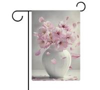 Vaso bianco con bandiera da giardino rosa ciliegie stagionali in iuta double face bandiere esterne 30,5 x 45,7 cm