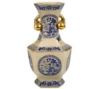 VASO CINESE ANFORA TAVOLO DA TERRA DISEGNO TRADIZIONE COLLEZIONE ORO BLU 36cm