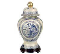 VASO CINESE TAVOLO TERRA ANFORA CON COPERCHIO ORO BLU DISEGNO COLLEZIONE 39 cm