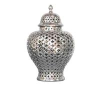 Vaso classico di zenzero forato vintage con coperchio in reticolo intagliato vaso di tempio decorativo superbo decorazione per la casa complesso vintage tradizionale vaso di zenzero (blu, argento, 16