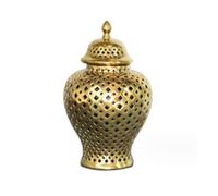 Vaso classico di zenzero vintage con coperchio a rete intagliato vaso di tempio decorativo superba decorazione d'interni complesso vintage tradizionale vaso di zenzero(oro, 16*27.5cm)
