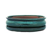 Vaso da bonsai con sottovaso, misura: 3 - Verde - ovale - Modello O47 - L 19 cm - L 13,5 cm - A 5 cm.