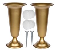 Vaso da cimitero in metallo, vasi da fiori con base in metallo e paletti, per la casa, per cimitero, decorazioni commemorative per tombe (oro, 2 pezzi)