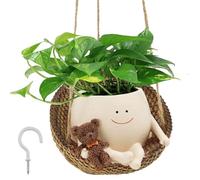 Vaso da fiori da appendere con faccina sorridente con orsetto dolce, corda di canapa ispessita, ultra bello, forte capacità di carico con altalena, viso, vaso da fiori sospeso, per decorazione da