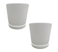 Relaxdays Vaso da Fiori, Set da 2, Vaso con sottovaso, Righe, H x D: 20 x 20 cm, Vaso per Piante, plastica, Bianco