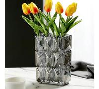 Vaso da fiori in cristallo trasparente, ispessito, 20 cm, grande vaso quadrato, decorativo moderno, centrotavola, grigio