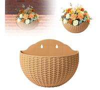 Vaso da fiori in finto rattan, da appendere alla parete, semicerchio, per esterni, con foro di drenaggio e ganci, cestino da giardino in plastica da appendere per balconi, recinzioni, 21 x 16,5 cm