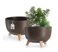 KADAX Vaso Rialzato in Plastica per Piante da Interno ed Esterno, Coprivaso Decorativo con Piedistallo Simil-Legno e Design Moderno (33 cm, Marrone)