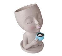 Vaso da fiori per ragazze che beve il caffè, vaso da fiori per interni Lady | In resina con occhi chiusi e foro di drenaggio per piante grasse da camino
