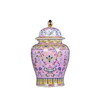 Vaso decorativo smaltato, Decorative Floral Ceramic Ginger Jar for Home Decor, Modern Chinese Gold Accent Enamel Porcelain Vase with Lid