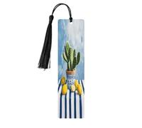 Vaso di cactus su tovaglia a righe bianche blu segnalibro in legno con nappe cartello in legno per artigianato segnalibri per libri per lettori amanti dei libri