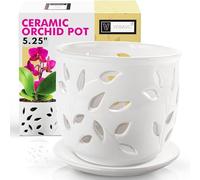 Vaso e piattino in ceramica per orchidee 13,3 cm, design floreale attraente per vasi per orchidee con fori, decorativo di grandi dimensioni, facile rinvaso delle piante, circolazione dell'aria sana,