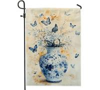 Vaso floreale blu bandiera da giardino con farfalle, bandiera decorativa in iuta per la primavera ed estate, decorazione per la casa all'aperto, decorazione da cortile su entrambi i lati, 30,5 x 45,7