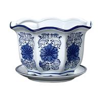 Vaso for fiori in porcellana floreale blu e bianco, ceramica vaso for piante in stile cinese dipinto a mano con foro di drenaggio e vassoio, for decorazioni interne ed esterne.(19x12.5cm)