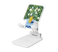 Vaso giallo con tulipani bianchi puntini supporto per telefono cellulare pieghevole angolo regolabile altezza desktop portatile culla cellulare compatibile con tutti gli smartphone bianco stile