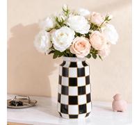 Vaso in ceramica bianca e nera, vaso moderno a scacchi metà secolo, per centrotavola di fiori e erba della pampa, vaso a scacchi bianco e nero per tavolo da pranzo, cucina, tavolo decorativo