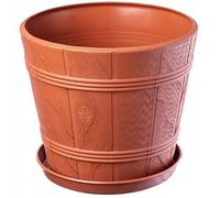 Vaso KADAX con piatto, aspetto legno, plastica, 17 cm, terracotta