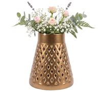 Vaso per cimitero a forma di cono traforato, decorazione per tomba, altezza 26 cm, diametro 11 cm, motivo a rombi dorati, composizioni floreali per fiori vivi e artificiali