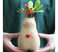 Vaso per gatti in legno fatto a mano, divertente vaso in legno a forma di gatto, moderno e minimalista, a forma di gatto, statua di gatto in legno con statuetta a forma di cuore per gli amanti dei