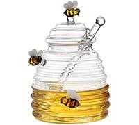 Vaso per miele in vetro, barattolo per miele con contenitore per miele e cucchiaio per miele, dispenser trasparente con coperchio, bicchieri da miele a forma di alveare per servire miele e sciroppo