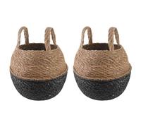 Vaso per piante con manici, 2 pezzi, nero, Ø 22 x 20 cm | Alghe marine, forma cilindrica, manici integrati, colore naturale, per soggiorno, terrazza, giardino d'inverno