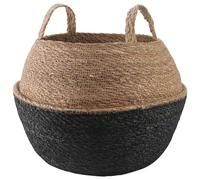 Vaso per piante con manici, nero, diametro 45 x 36 cm, 100% alghe marine | Forma cilindrica, manici integrati, erba marina naturale, per soggiorno, terrazza, giardino d'inverno