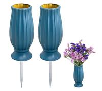 Vaso per tombe, 2 vasi per cimitero con picchetto, resistenti al gelo, in plastica, con punte in metallo, vasi funerari per accogliere mazzi di fiori (blu)