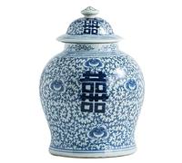 Vaso per zenzero decorativo, in ceramica blu e bianca con coperchio per la decorazione della casa, barattolo con doppio motivo felicità, tempio