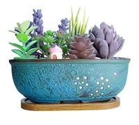 vaso rettangolare per bonsai in ceramica da 7,9 pollici con vassoio piccolo contenitore per piante succulente per cactus, scatola per finestra da giardino con vassoio in bambù