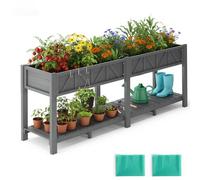 Vaso rialzato resistente alle intemperie 183x44x73cm con ripiano, 6 ganci e 2 tessuti non tessuti, per esterno giardino balcone terrazza, ortaggi erbe fiori - Grigio