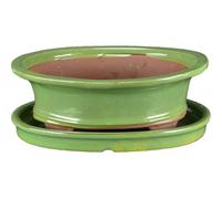 Vaso + sottovaso per bonsai ovale in gres smaltato verde 26,5x20x8 cm - GA7VS