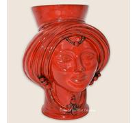 Vaso Testa di moro in Ceramica Caltagirone donna soprammobile rosso invecchiato