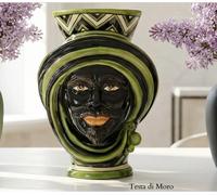 Vaso Testa di Moro Siciliano Caltagirone in Ceramica Dipinta a Mano Verde 30 cm