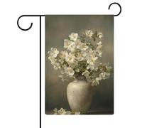Vaso vintage in ceramica con fiori bianchi, bandiera da giardino, festività stagionali, juta, doppia faccia, bandierine esterne 30,5 x 45,7 cm