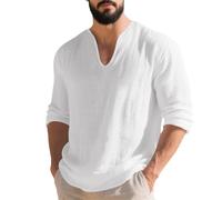 Vasreyy Uomo T-Shirt A Maniche Lunghe con Scollo A V in Misto Lino E Cotone vestibilità Regolare Magliette Estive A Tinta Unita dalla vestibilità Ampia Top Traspirante per Le Vacanze al Mare
