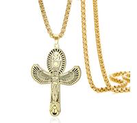 VASSAGO Collana egizia con Ankh per uomo e donna in acciaio inossidabile ciondolo alato della dea Iside con Occhio di Horus e scarabeo amuleto protettivo (Catena a maglie quadrate in oro)