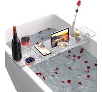 Vassoi da bagno per tutta la vasca da bagno sopra la mensola con design antiscivolo, supporto per iPad, vassoio trasparente da bagno per libri e telefono, dimensioni regolabili [51-81 cm]